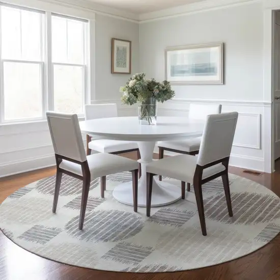 8' Ivory Brown And Gray Round Geometric Washable Indoor Outdoor Area Rug Photo 7