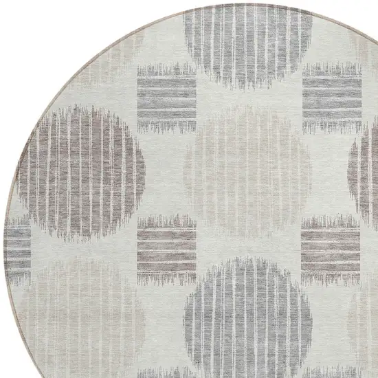 8' Ivory Brown And Gray Round Geometric Washable Indoor Outdoor Area Rug Photo 4