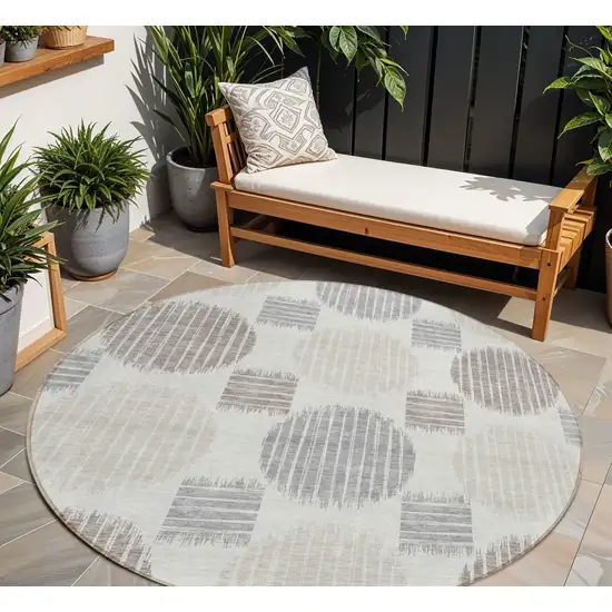 8' Ivory Brown And Gray Round Geometric Washable Indoor Outdoor Area Rug Photo 1