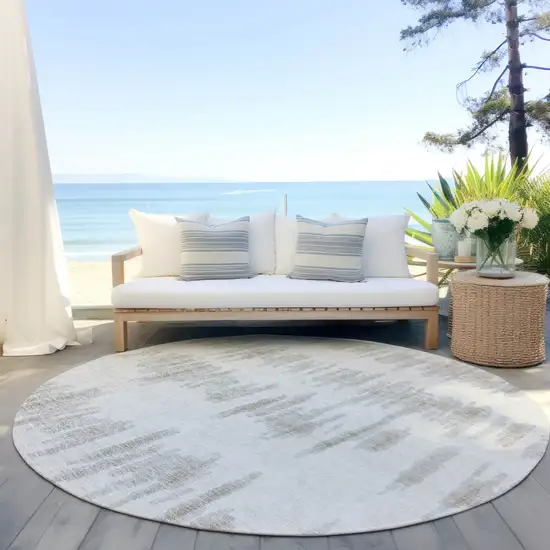8' Ivory Brown And Gray Round Striped Washable Indoor Outdoor Area Rug Photo 6