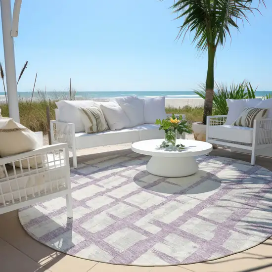 8' Lavender And Ivory Round Striped Washable Indoor Outdoor Area Rug Photo 6