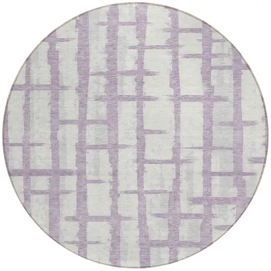 8' Lavender And Ivory Round Striped Washable Indoor Outdoor Area Rug Photo 5