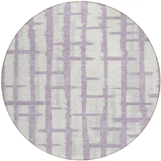 8' Lavender And Ivory Round Striped Washable Indoor Outdoor Area Rug Photo 2