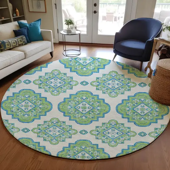 8' Lime Green And Ivory Round Medallion Washable Indoor Outdoor Area Rug Photo 8