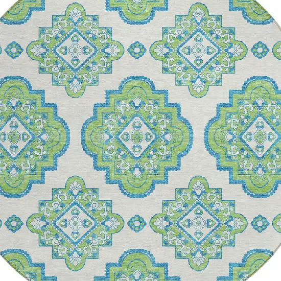 8' Lime Green And Ivory Round Medallion Washable Indoor Outdoor Area Rug Photo 4