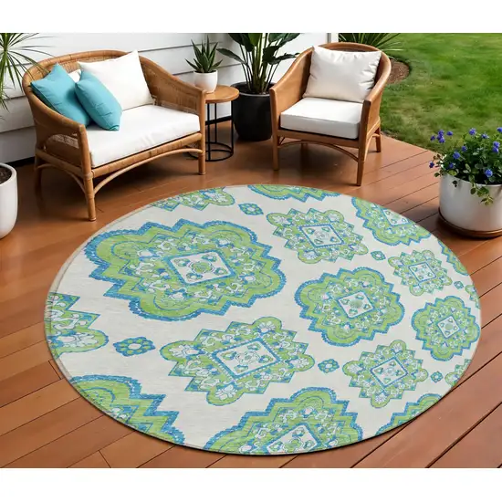 8' Lime Green And Ivory Round Medallion Washable Indoor Outdoor Area Rug Photo 2
