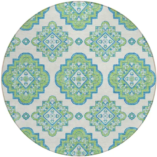 8' Lime Green And Ivory Round Medallion Washable Indoor Outdoor Area Rug Photo 1