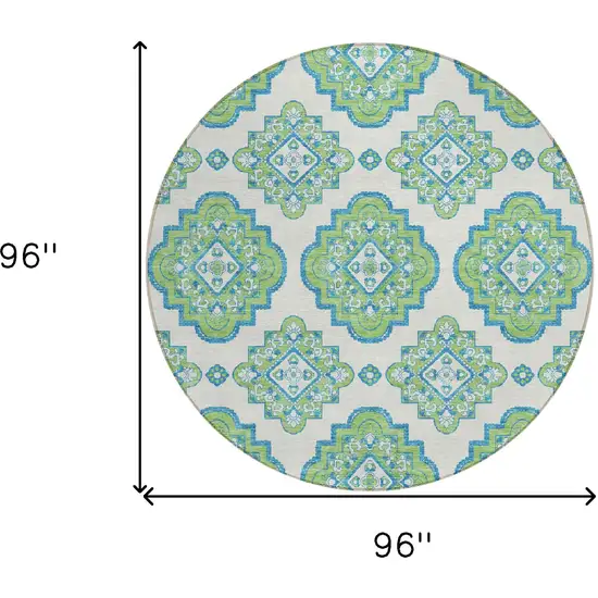 8' Lime Green And Ivory Round Medallion Washable Indoor Outdoor Area Rug Photo 3