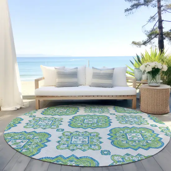 8' Lime Green And Ivory Round Medallion Washable Indoor Outdoor Area Rug Photo 7