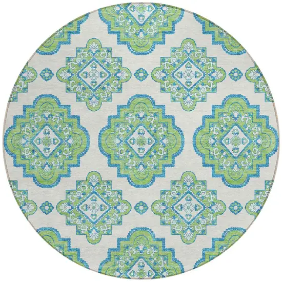 8' Lime Green And Ivory Round Medallion Washable Indoor Outdoor Area Rug Photo 6
