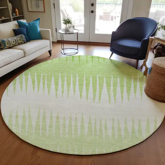 8' Lime Green And Ivory Round Striped Washable Indoor Outdoor Area Rug Photo 8