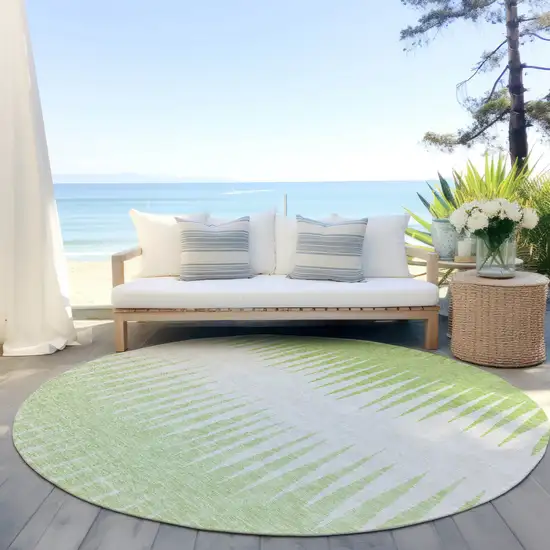 8' Lime Green And Ivory Round Striped Washable Indoor Outdoor Area Rug Photo 7