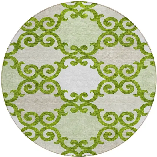 8' Lime Green And Ivory Round Trellis Washable Indoor Outdoor Area Rug Photo 5
