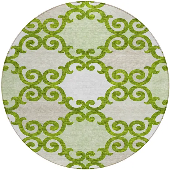 8' Lime Green And Ivory Round Trellis Washable Indoor Outdoor Area Rug Photo 2