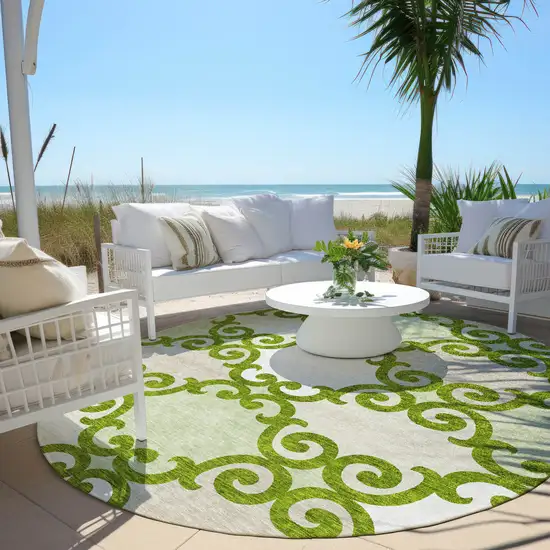 8' Lime Green And Ivory Round Trellis Washable Indoor Outdoor Area Rug Photo 6