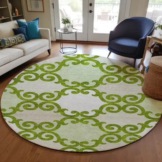 8' Lime Green And Ivory Round Trellis Washable Indoor Outdoor Area Rug Photo 7