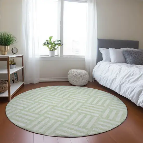 8' Mint Green And Ivory Round Geometric Washable Indoor Outdoor Area Rug Photo 6
