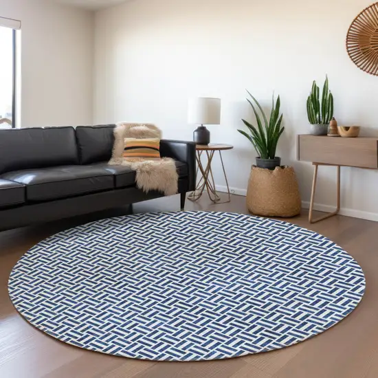 8' Navy Blue And Gray Round Geometric Washable Indoor Outdoor Area Rug Photo 7