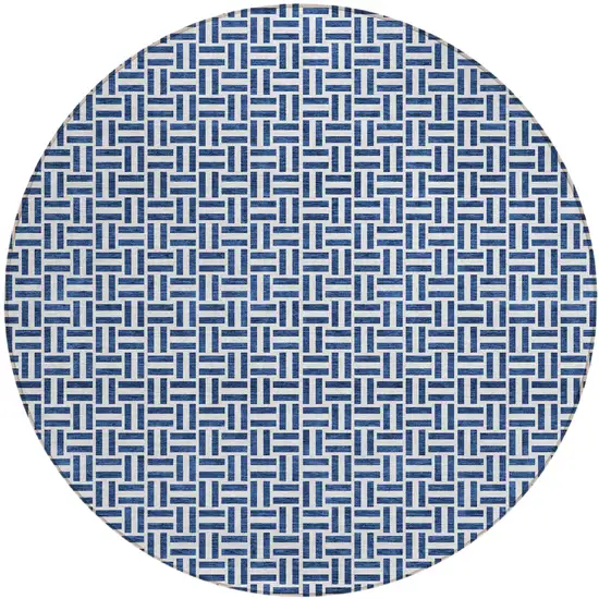 8' Navy Blue And Gray Round Geometric Washable Indoor Outdoor Area Rug Photo 2