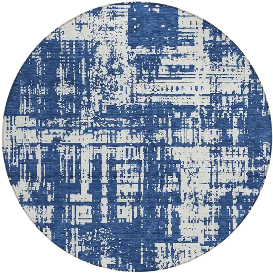 8' Navy Blue And Ivory Round Abstract Washable Indoor Outdoor Area Rug Photo 2