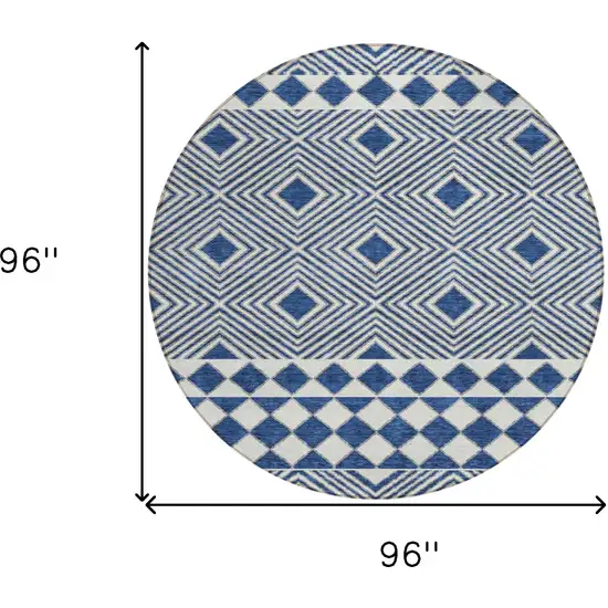 8' Navy Blue And Ivory Round Geometric Washable Indoor Outdoor Area Rug Photo 3