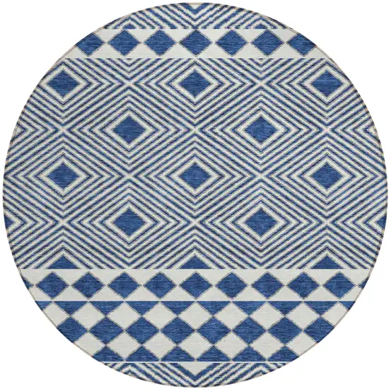 8' Navy Blue And Ivory Round Geometric Washable Indoor Outdoor Area Rug Photo 2