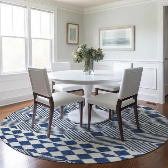 8' Navy Blue And Ivory Round Geometric Washable Indoor Outdoor Area Rug Photo 6