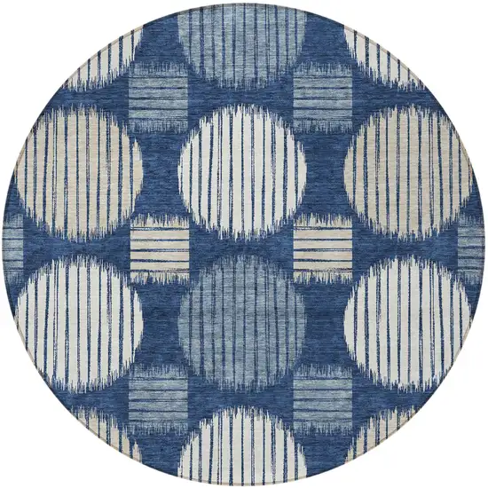 8' Navy Blue And Ivory Round Geometric Washable Indoor Outdoor Area Rug Photo 6