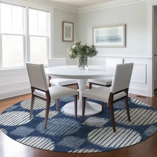 8' Navy Blue And Ivory Round Geometric Washable Indoor Outdoor Area Rug Photo 8