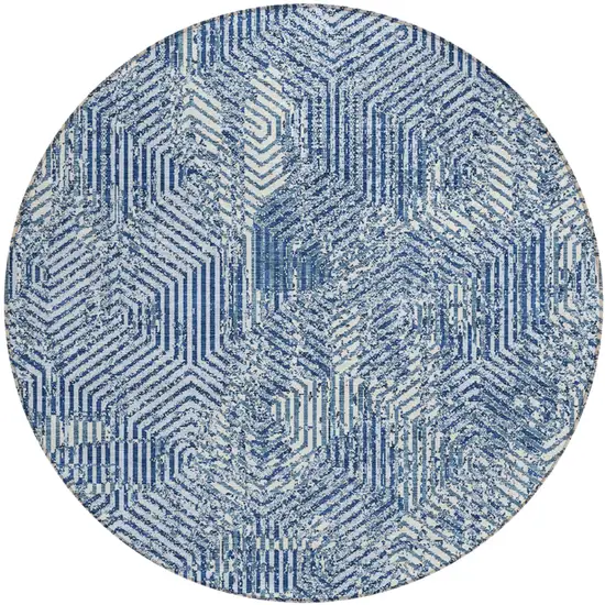 8' Navy Blue And Ivory Round Geometric Washable Indoor Outdoor Area Rug Photo 2