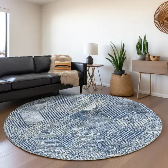 8' Navy Blue And Ivory Round Geometric Washable Indoor Outdoor Area Rug Photo 7