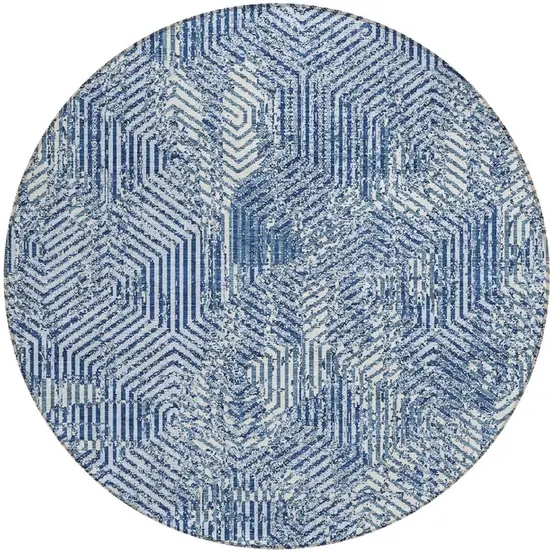 8' Navy Blue And Ivory Round Geometric Washable Indoor Outdoor Area Rug Photo 5