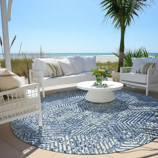 8' Navy Blue And Ivory Round Geometric Washable Indoor Outdoor Area Rug Photo 6
