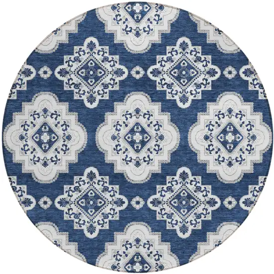8' Navy Blue And Ivory Round Medallion Washable Indoor Outdoor Area Rug Photo 2