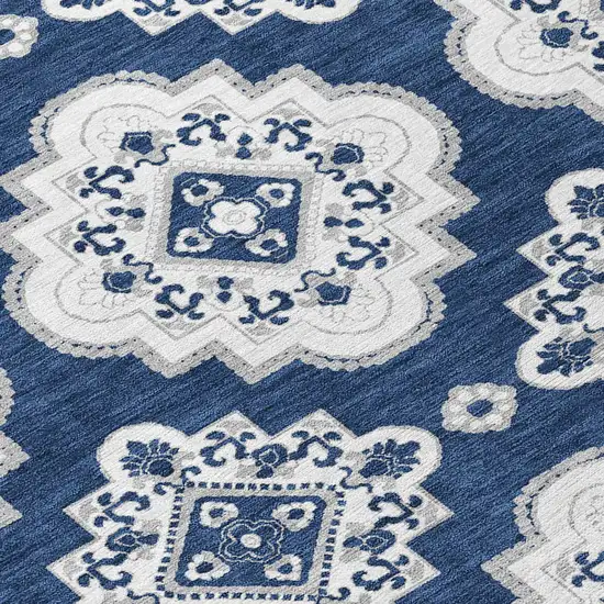 8' Navy Blue And Ivory Round Medallion Washable Indoor Outdoor Area Rug Photo 8
