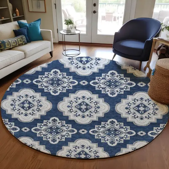 8' Navy Blue And Ivory Round Medallion Washable Indoor Outdoor Area Rug Photo 7