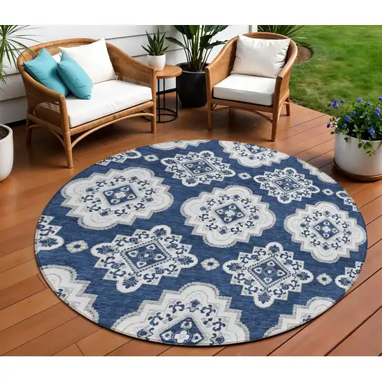 8' Navy Blue And Ivory Round Medallion Washable Indoor Outdoor Area Rug Photo 1