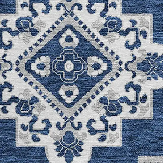 8' Navy Blue And Ivory Round Medallion Washable Indoor Outdoor Area Rug Photo 4