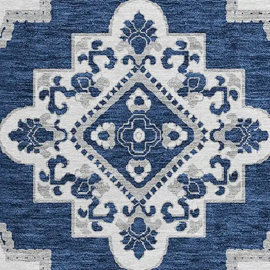 8' Navy Blue And Ivory Round Medallion Washable Indoor Outdoor Area Rug Photo 5