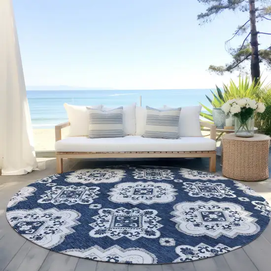8' Navy Blue And Ivory Round Medallion Washable Indoor Outdoor Area Rug Photo 6
