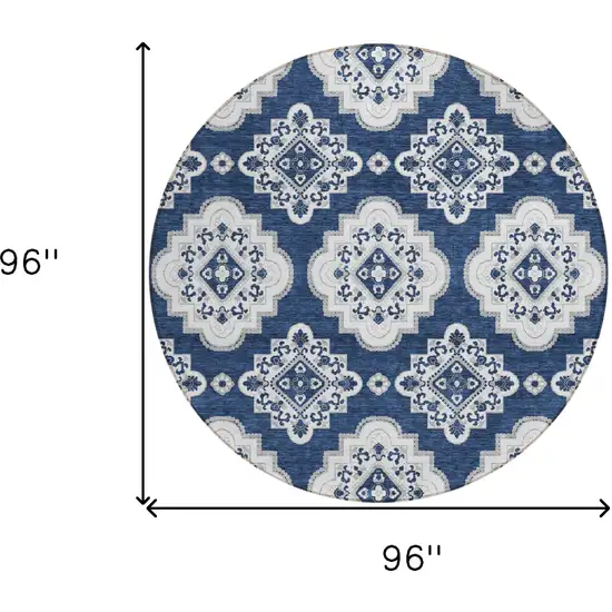 8' Navy Blue And Ivory Round Medallion Washable Indoor Outdoor Area Rug Photo 3