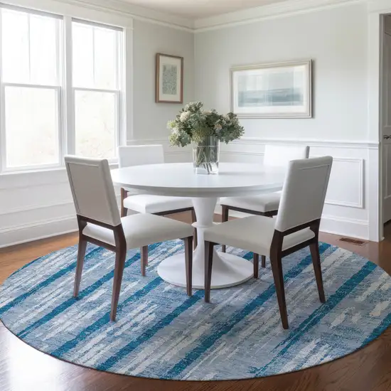 8' Navy Blue And Ivory Round Striped Washable Indoor Outdoor Area Rug Photo 7