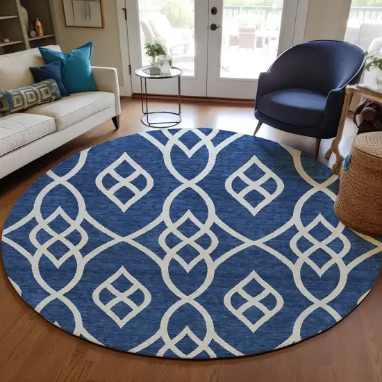 8' Navy Blue And Ivory Round Trellis Washable Indoor Outdoor Area Rug Photo 7