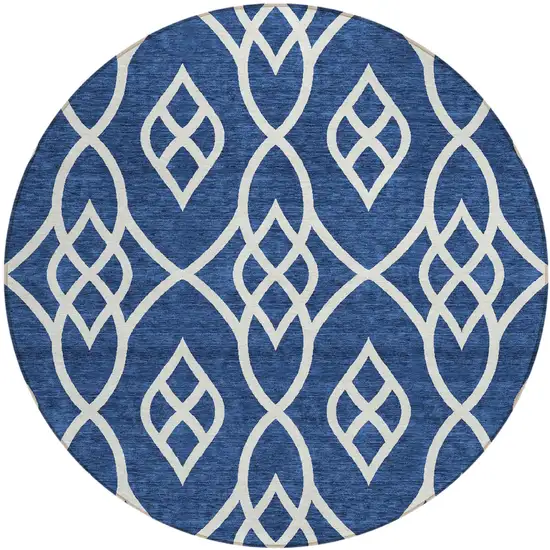 8' Navy Blue And Ivory Round Trellis Washable Indoor Outdoor Area Rug Photo 2