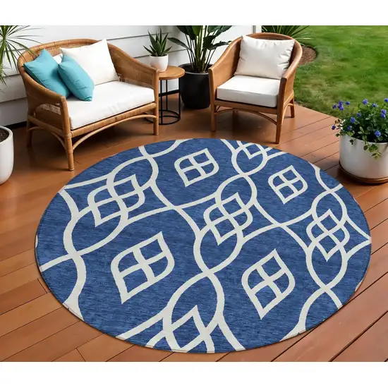 8' Navy Blue And Ivory Round Trellis Washable Indoor Outdoor Area Rug Photo 1