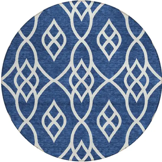 8' Navy Blue And Ivory Round Trellis Washable Indoor Outdoor Area Rug Photo 5