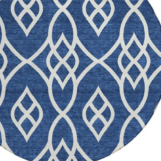 8' Navy Blue And Ivory Round Trellis Washable Indoor Outdoor Area Rug Photo 4