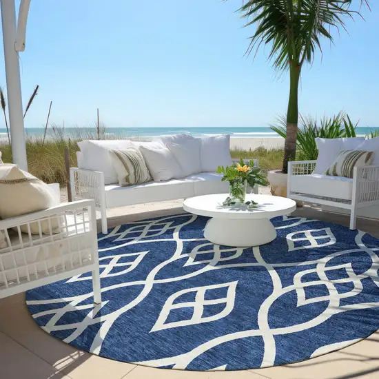 8' Navy Blue And Ivory Round Trellis Washable Indoor Outdoor Area Rug Photo 6