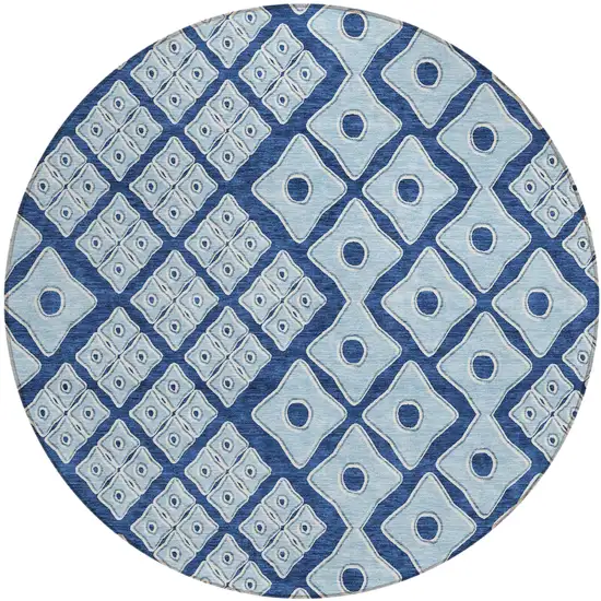 8' Navy Blue And Light Blue Round Geometric Washable Indoor Outdoor Area Rug Photo 2