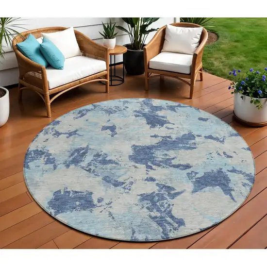 8' Navy Blue Gray And Aqua Round Floral Washable Indoor Outdoor Area Rug Photo 1